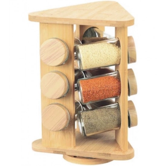 Porta Condimentos 9 Potes 70ml Em Vidro Com Suporte 24,5cm Giratório Em Bambu